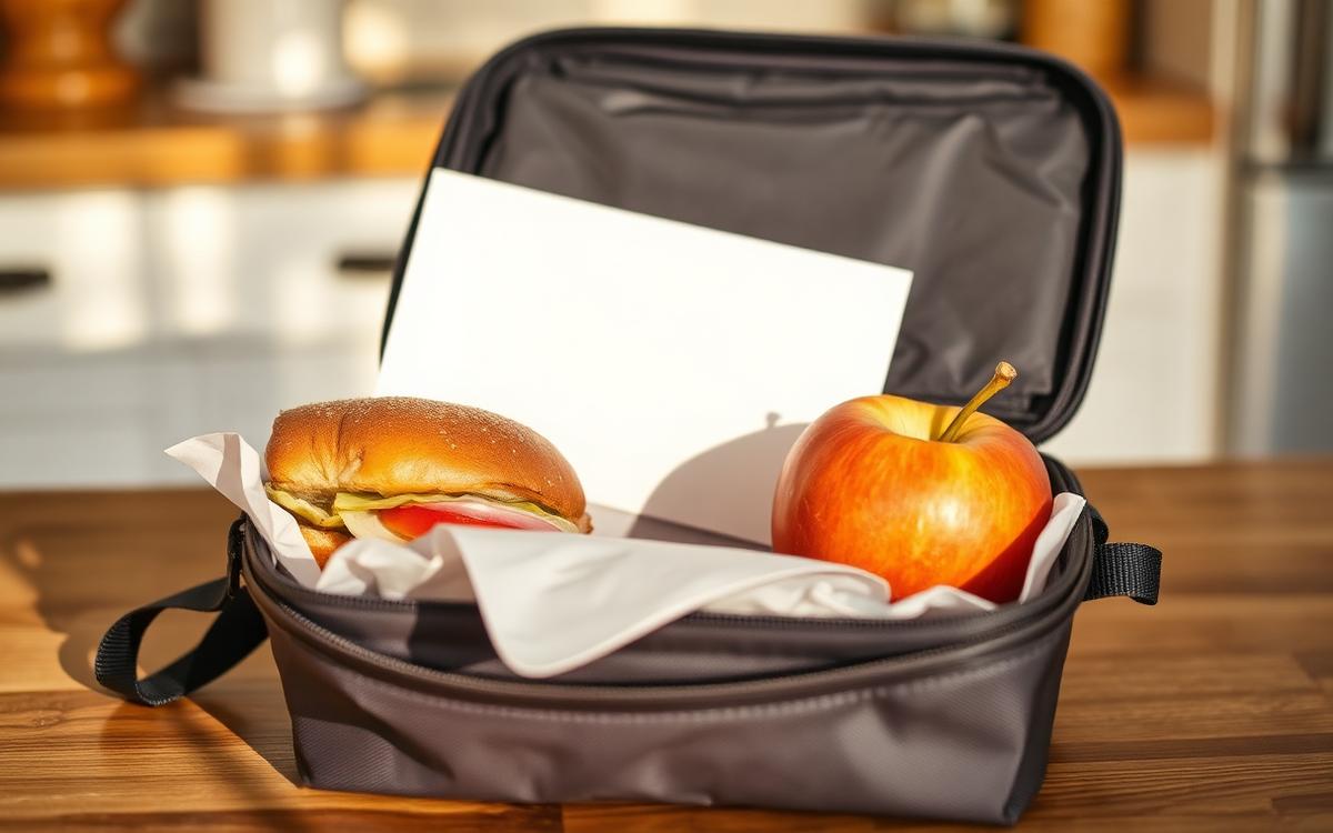 A child's lunchbox on a kitchen bench with a folded note, sandwich and apple