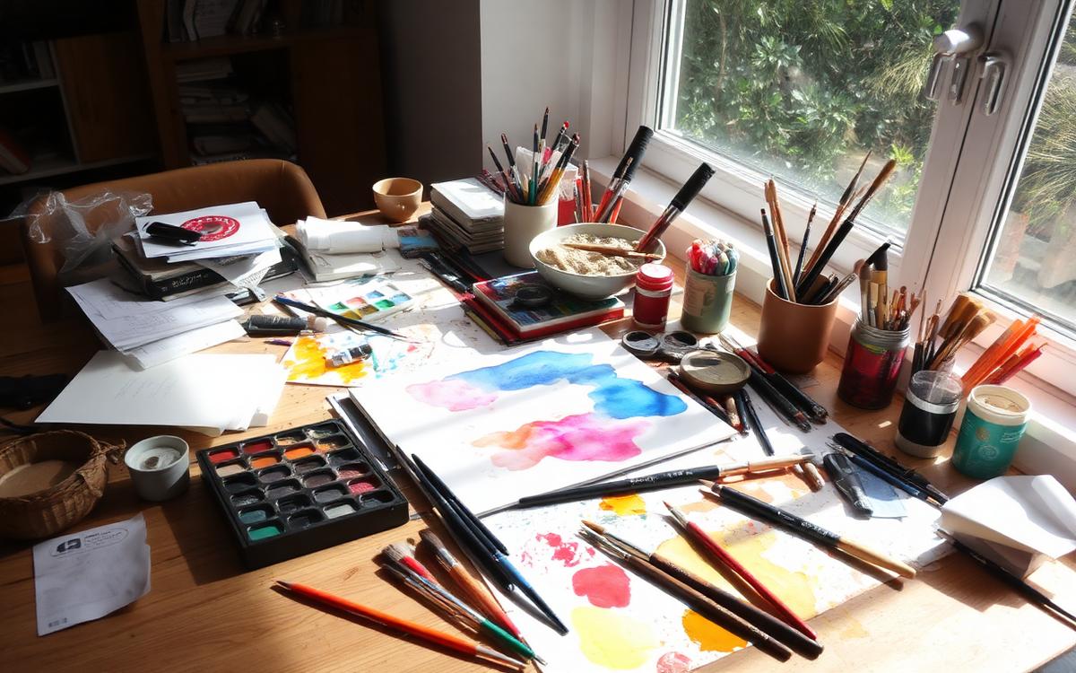 A messy home art table with watercolour paints and a half-finished painting