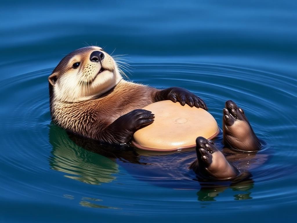 A sea otter floating on its back holding a smooth rock to its chest