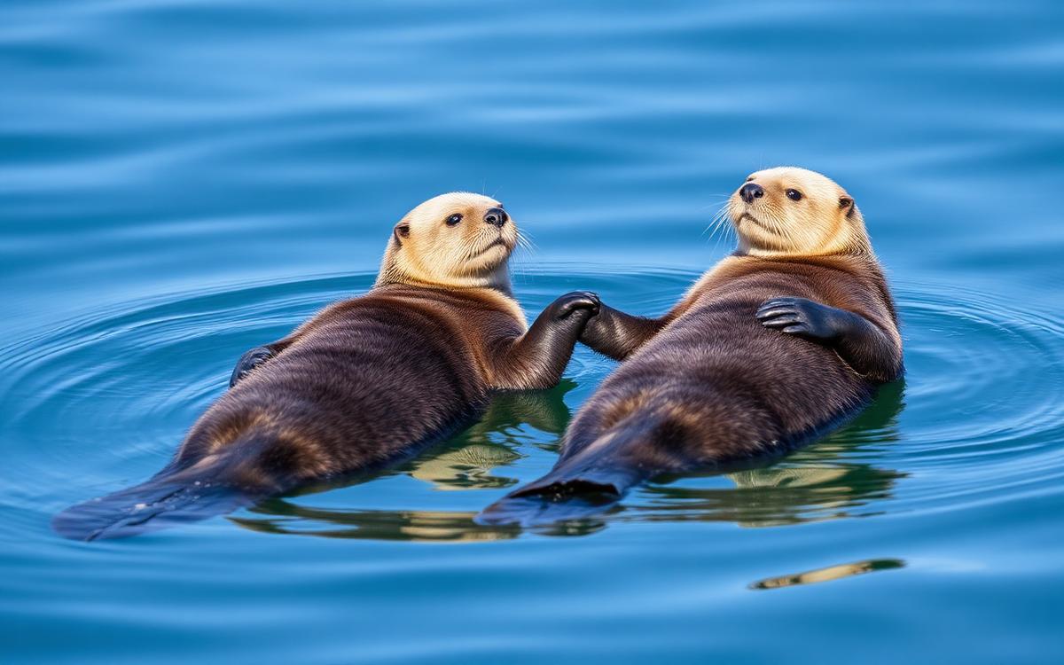 Two sea otters floating on their backs holding paws in calm blue water