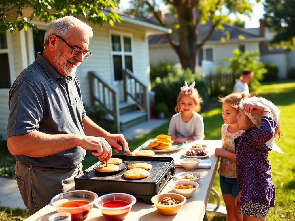 A smiling older man flipping pancakes on a griddle in his front yard surrounded by neighbours