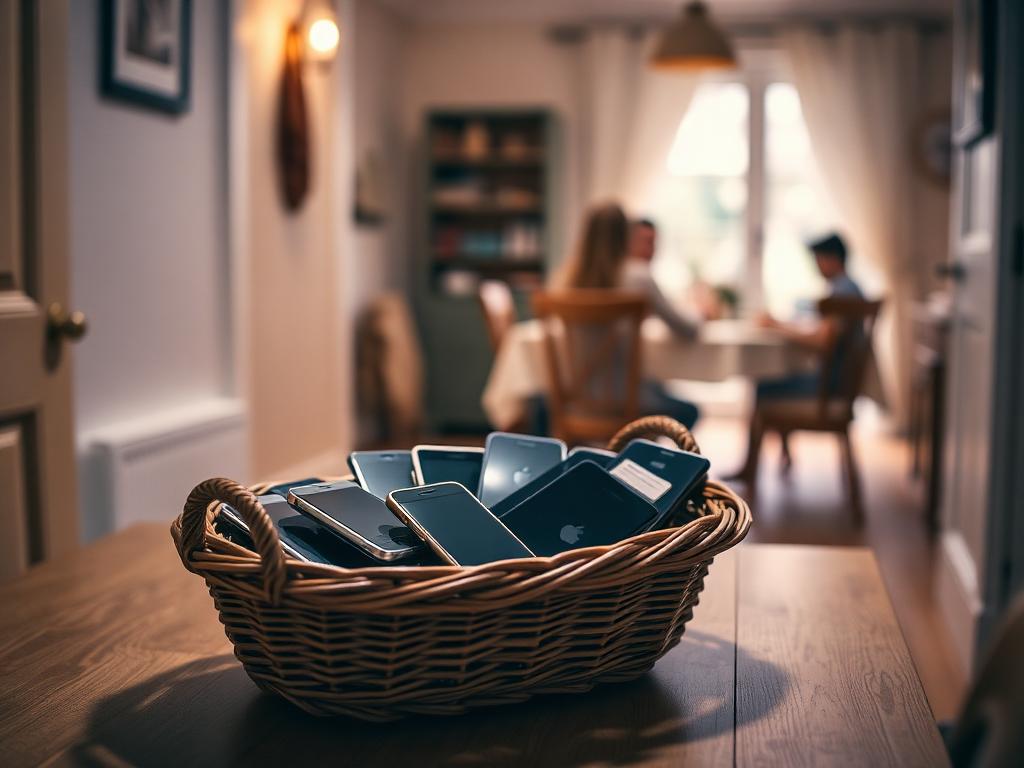 A wicker basket full of phones on a hallway table with a family dinner in the background