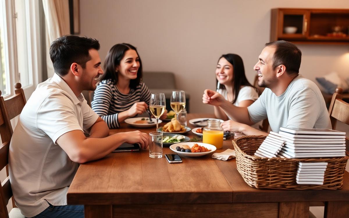 A family laughing around a dinner table with phones stacked in a basket