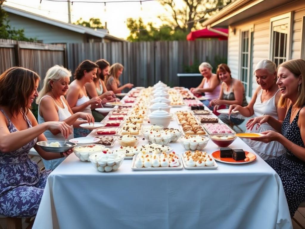 A long outdoor table covered in homemade desserts with neighbours laughing together