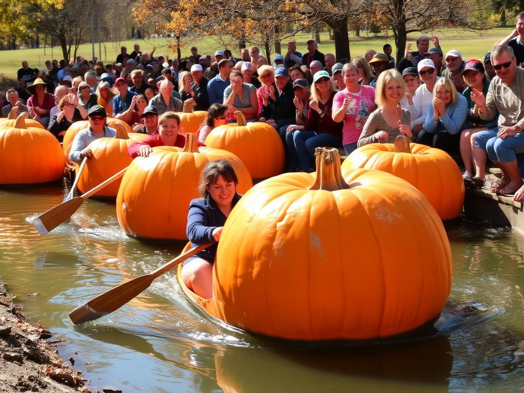 People paddling giant hollowed-out pumpkins across a pond while a crowd cheers