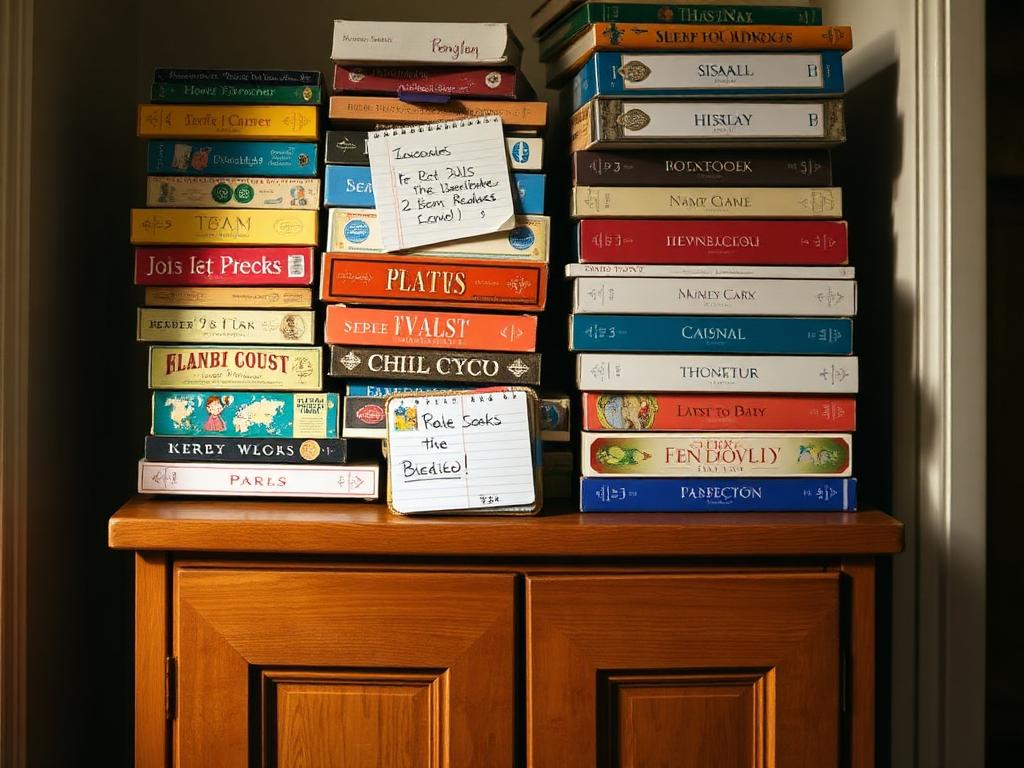 A hallway cupboard stacked with colourful jigsaw puzzle boxes and a handwritten notebook