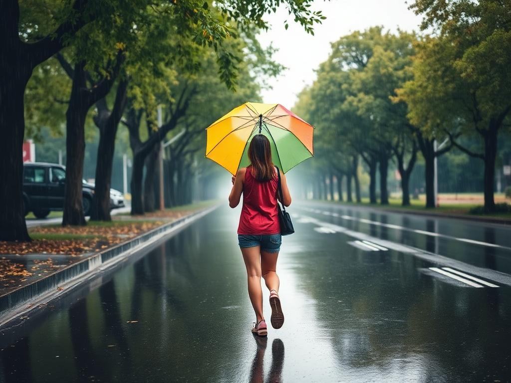 A person with a colourful umbrella walking along a glistening tree-lined street in light rain