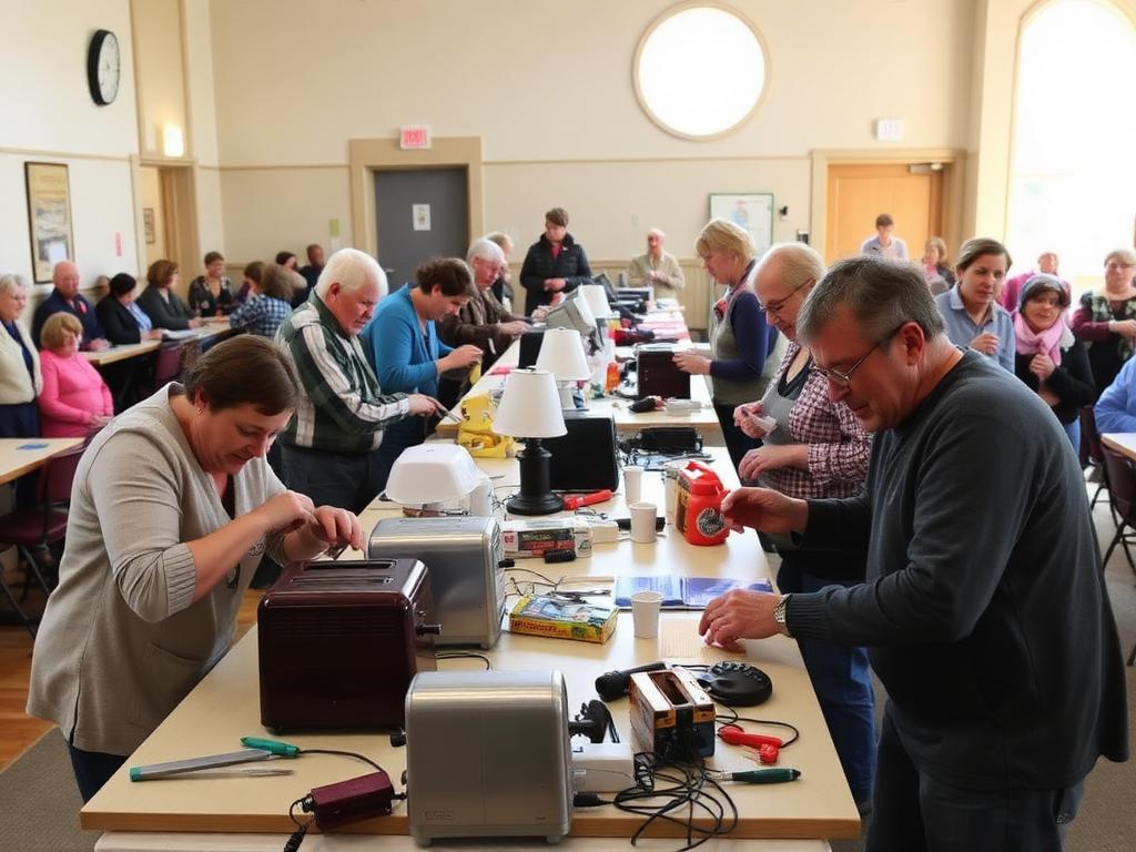 Volunteers repairing toasters and lamps at a community hall table while owners watch hopefully