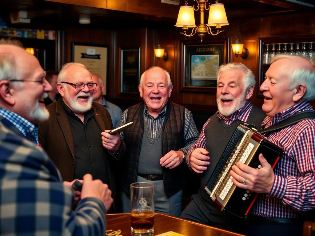A group of jovial older men singing sea shanties in a cosy pub