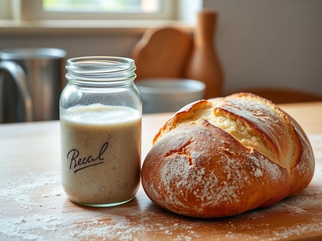 A jar of bubbly sourdough starter beside a fresh golden loaf on a kitchen bench