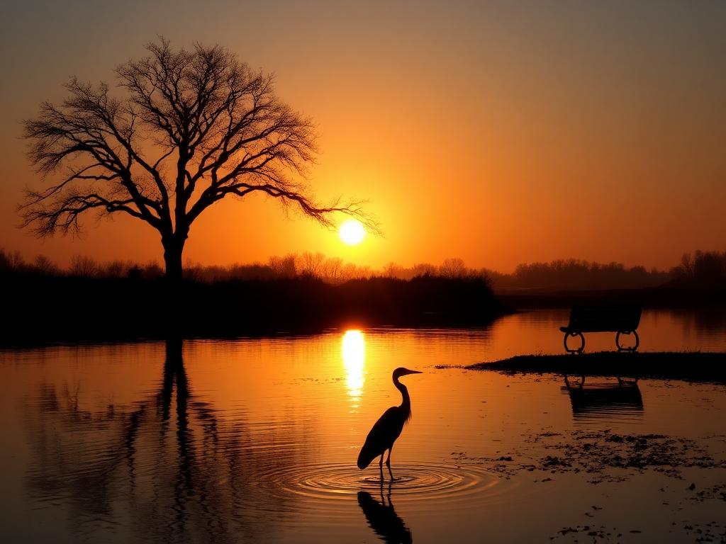 A glowing sunrise over a quiet river with a lone tree and a park bench in silhouette