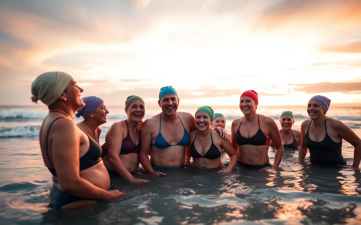 A group of adults in swim caps laughing in the ocean shallows at sunrise