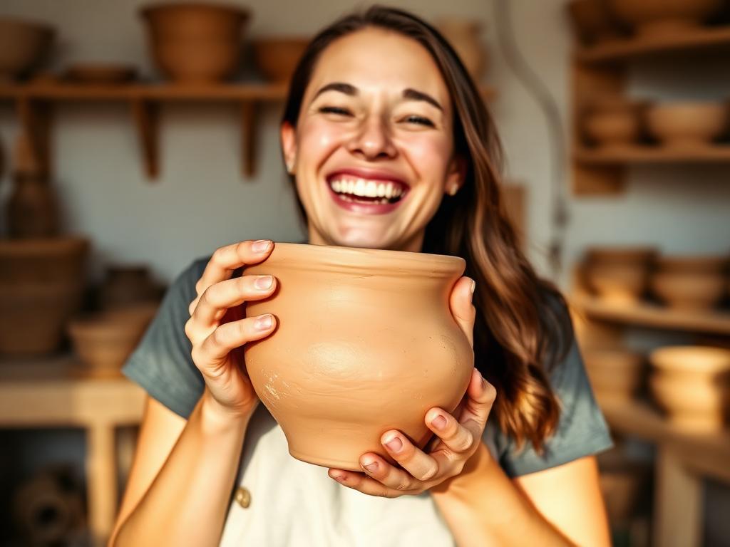 A laughing person holding a charmingly lopsided handmade clay pot at a pottery wheel