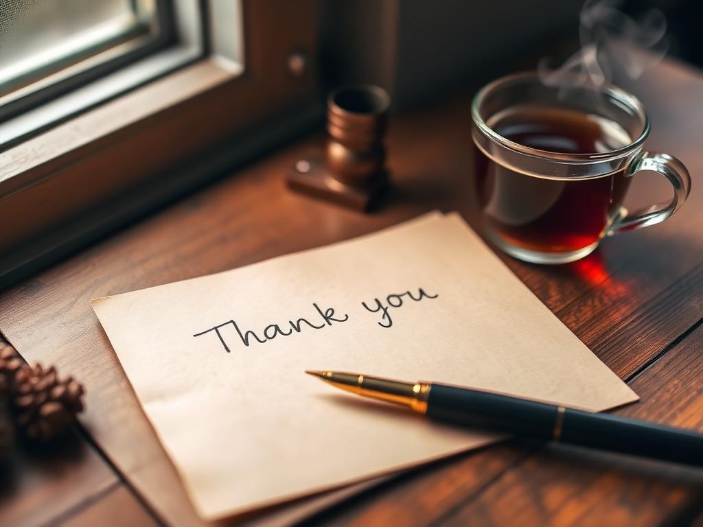 A handwritten thank-you note beside a pen and a warm cup of tea