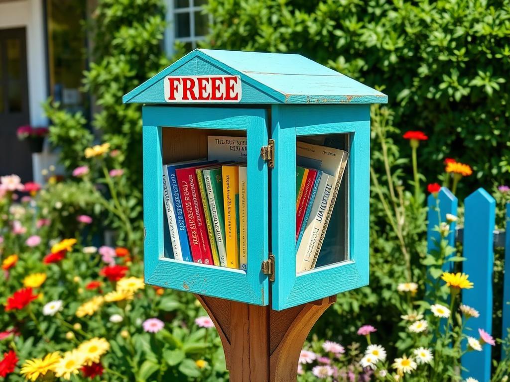 A brightly painted little street library box filled with cheerful paperback books