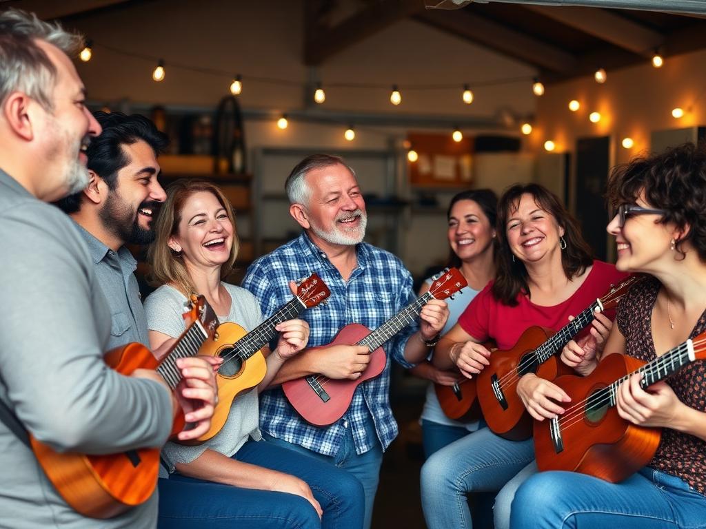 A cheerful group of adults laughing while practising ukuleles in a garage