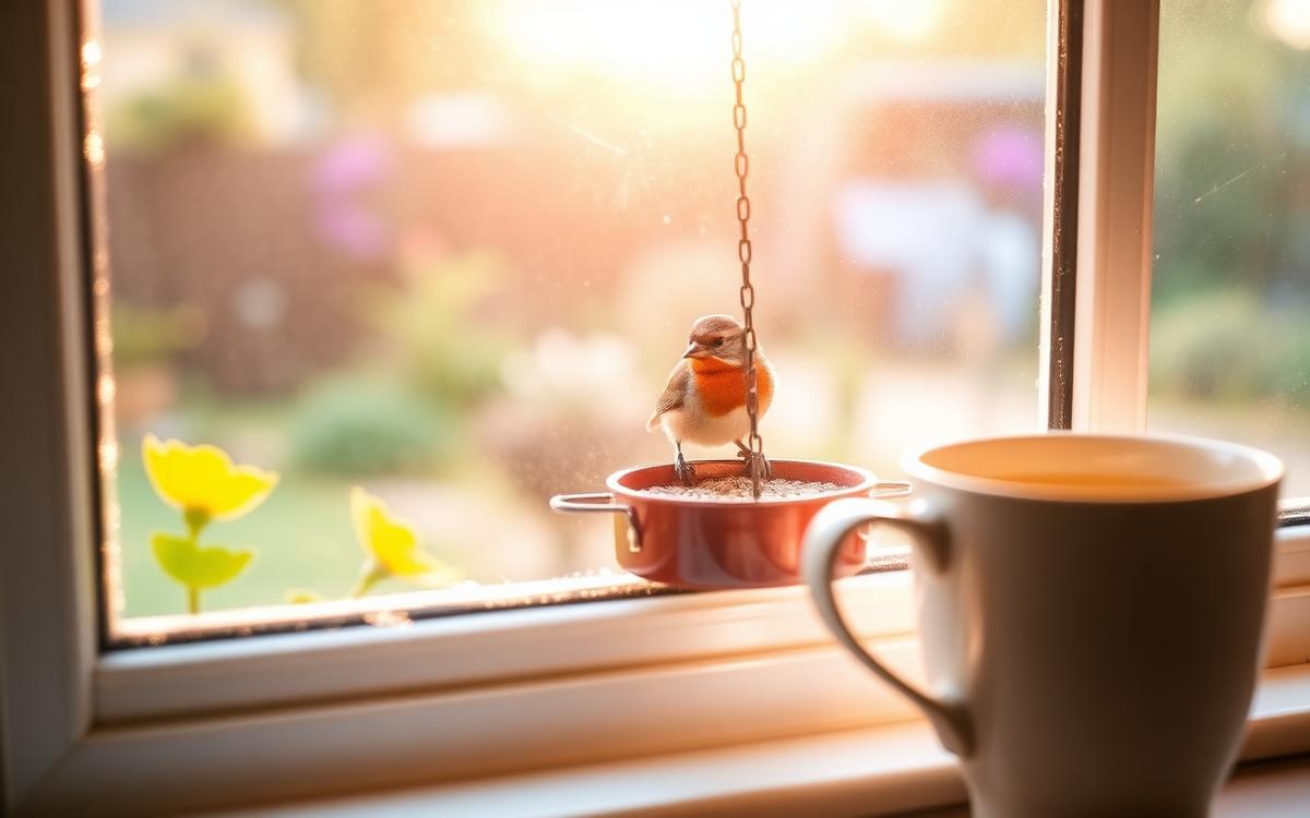 A small bird on a garden feeder seen through a kitchen window with a mug of tea