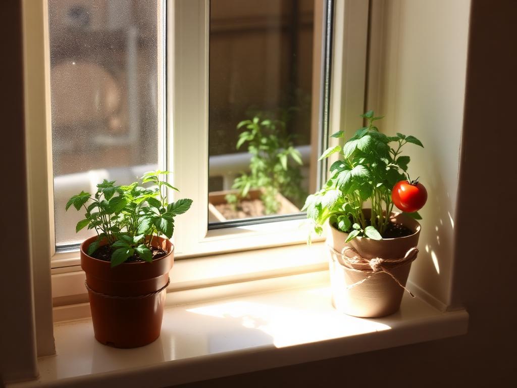 A sunny apartment windowsill overflowing with potted herbs and tomato plants