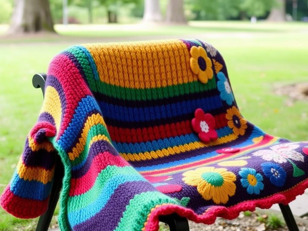 A park bench wrapped in a colourful hand-knitted cover with flower patterns